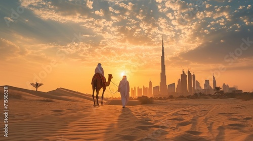 Traditional Arab Man Walking with Camel in Desert with Modern Skyline at Sunset