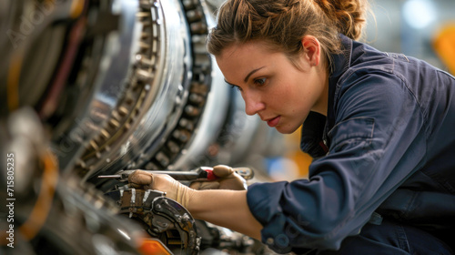 Skilled Female Mechanic Working on Aircraft Engine in Hangar