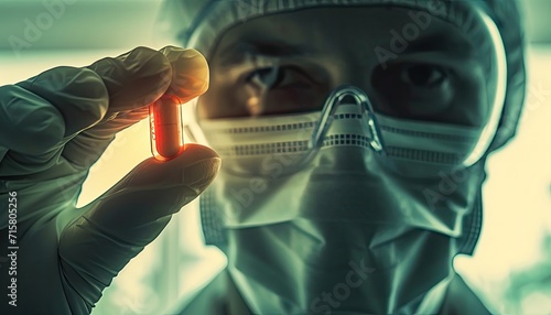 A physician, equipped with a bacteriological protective suit, focused on inspecting an antidote vial for a potentially dangerous virus.