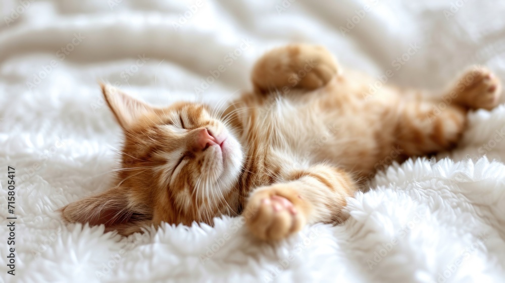 Sleeping Ginger Kitten on a Fluffy White Blanket: The Epitome of Comfort and Cuteness Sleeping Ginger Kitten on a Fluffy White Blanket: The Epitome of Comfort and Cuteness