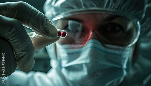 A physician, equipped with a bacteriological protective suit, focused on inspecting an antidote vial for a potentially dangerous virus. photo