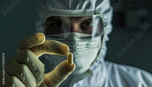 A physician, equipped with a bacteriological protective suit, focused on inspecting an antidote vial for a potentially dangerous virus.