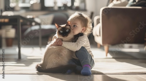 Tender Moment Between a Young Child and Siamese Cat: Love and Friendship