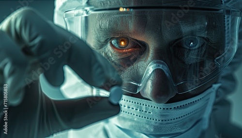 a doctor in a protective suit scrutinizing an antidote vial as a precaution against a hazardous virus. photo