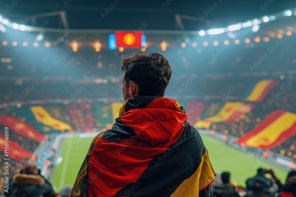 Soccer fan or football fan with flag at cheering while winning match. Generative AI Soccer fan or football fan with flag at cheering while winning match. Generative AI