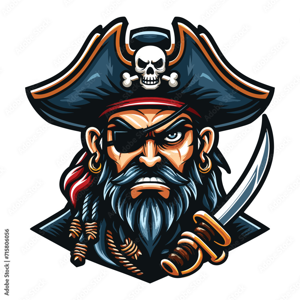 Fototapeta premium Angry pirate head face with hat and eye patch mascot design vector illustration, logo template isolated on white background