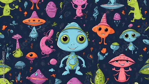 A colorful illustration doodle featuring quirky, funny and smiley monster characters
