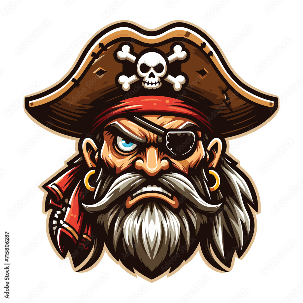 Fototapeta premium Angry pirate head face with hat and eye patch mascot design vector illustration, logo template isolated on white background