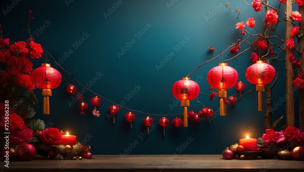 Obraz premium a lively atmosphere with a Chinese New Year banner, beautifully featuring lanterns against a dynamic background