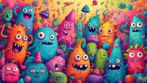 doodle illustration that creates cute and quirky monster characters  brightly colored to liven up the image