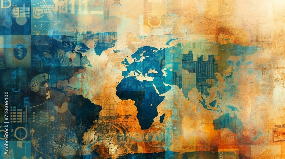 Fototapeta premium Global Economy and Trade: World Maps and Currency Symbols and conceptual metaphors of Connection and Prosperity