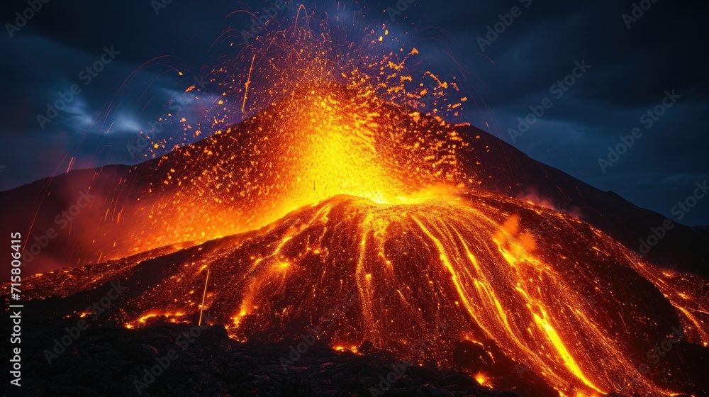 Volcanic Eruption at Night with Lava Flow