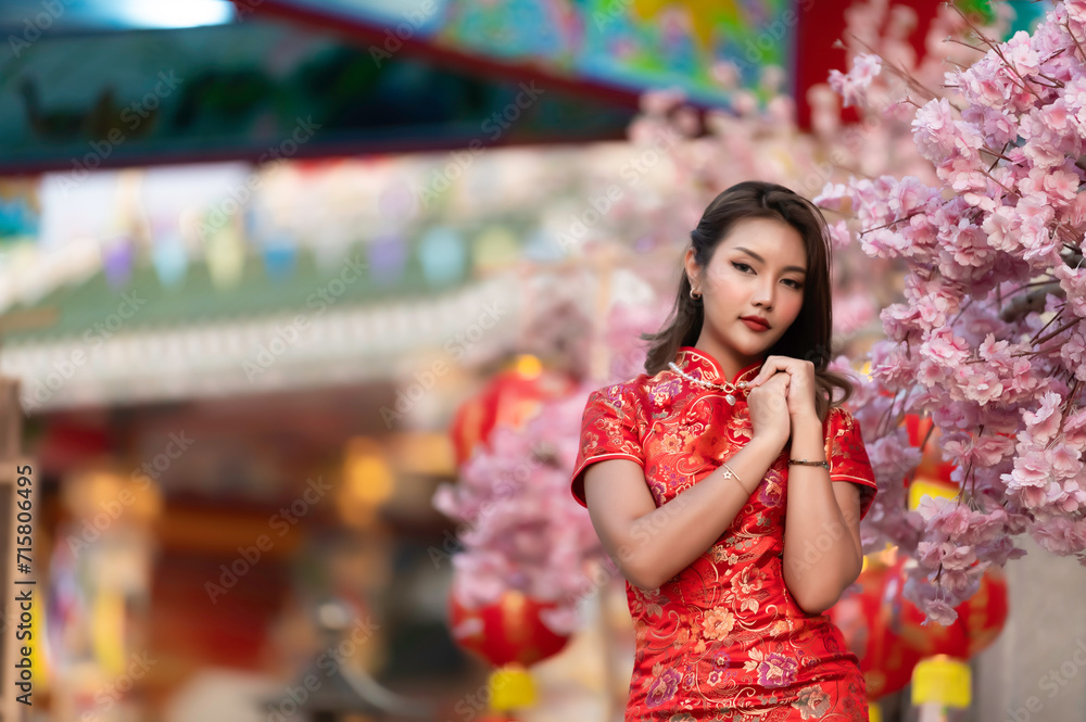 Portrait beautiful asian woman in Cheongsam dress,Thailand people,Happy Chinese new year concept,Happy  asian lady in chinese traditional dress