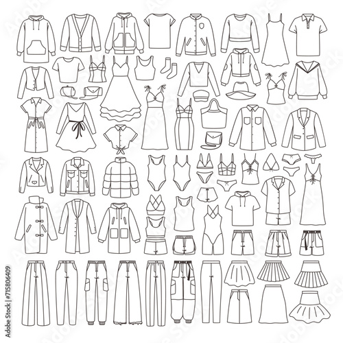 Different clothes in outline style. Woman clothing includes jackets, pants, hats, coat, sweaters, dresses, skirts and socks