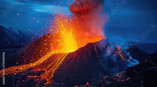 Volcanic Eruption at Night with Lava Flow