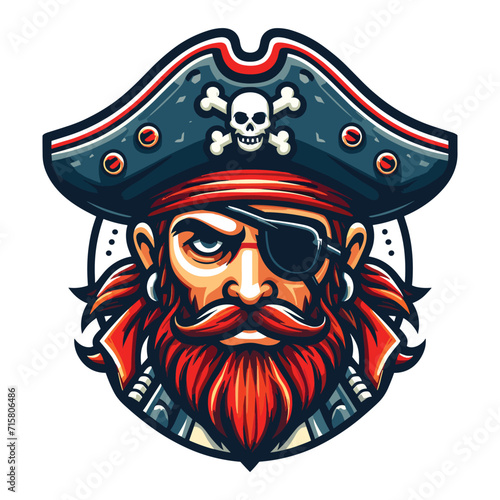 Angry pirate head face with hat and eye patch mascot design vector illustration, logo template isolated on white background