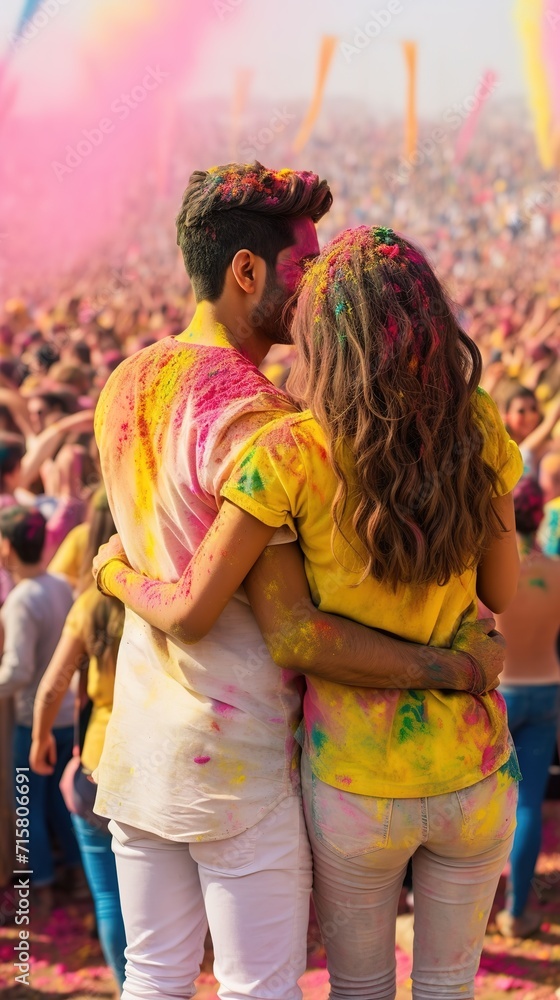 portrait radiant indian couple immersed in holi celebrations, colorful powder adorning joyous smiles.