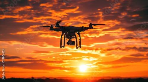 Unmanned Aerial Vehicle (UAV) Drone Silhouetted Against Sunset Sky