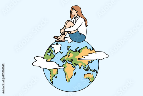 Woman is thinking about emigration and moving to another country to get better career prospects, sitting on globe. Thoughtful businesswoman wants to become expat and go into emigration