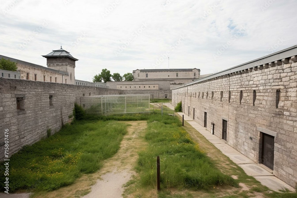 View of yard at Kingston Penitentiary with high stone walls, barbed wire, and guard tower. Generative AI