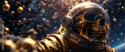 An astronaut turned into a skull floats in the abyss of space, surrounded by a cosmic ocean of galaxies and nebulae that form unique constellations. The bubbles surrounding him contain fragments