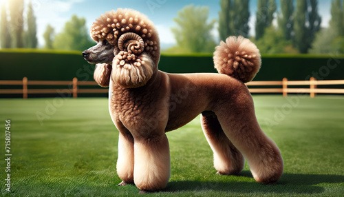 A brown standard poodle stands elegantly on a green lawn, showcasing a stylish and intricate grooming cut.Dog hairstyle concept. AI generated. photo