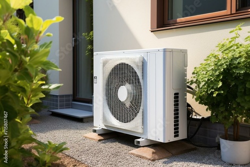 Heat pump, air conditioner, air-source heat pump in front of a residential building. Generative AI © Altair