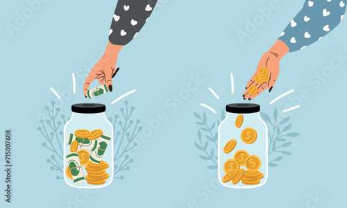 Hand puts money into the money box. A woman hand replenishes a money box with coins. Finance, savings vector illustration