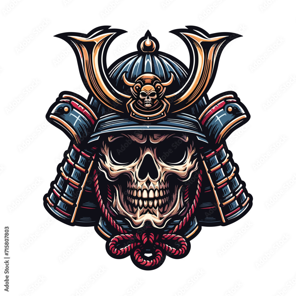 skull head face with samurai helmet design vector illustration. Traditional Japanese culture. Tattoo print. illustration for t-shirt print, fabric and other uses. Isolated on white background skull head face with samurai helmet design vector illustration. Traditional Japanese culture. Tattoo print. illustration for t-shirt print, fabric and other uses. Isolated on white background