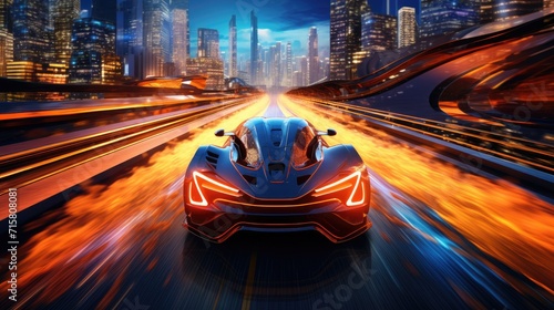 A high-speed supercar tearing through the city streets in a thrilling race.