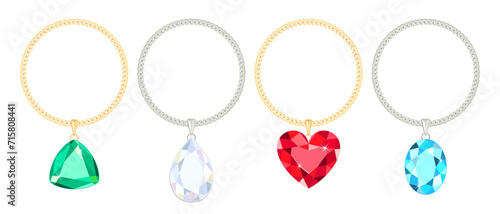 Jewelry set. Gold and silver chains with pendants made of precious stones. Vector cartoon illustration.