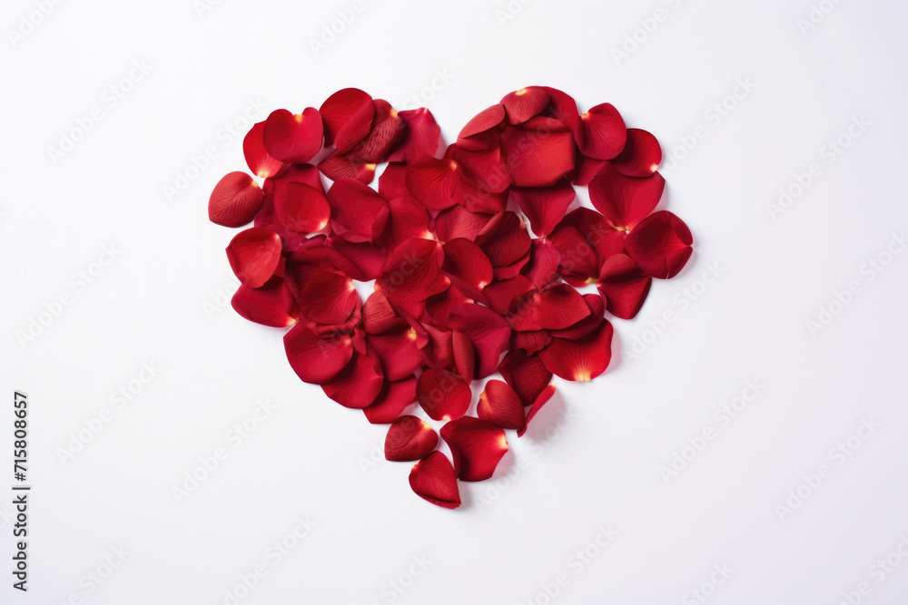 A heart-shaped arrangement of vibrant red rose petals on a white background.