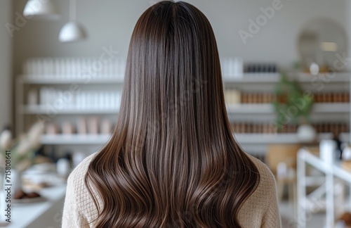 ear view of a woman with sleek chocolate brown straight hair, cosmetic products in the background, hair products and hair styles