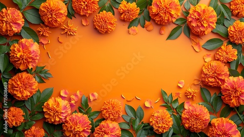 Top view of marigold flower frame with a copy space inside it in a clean orange backdrop, Generative AI.