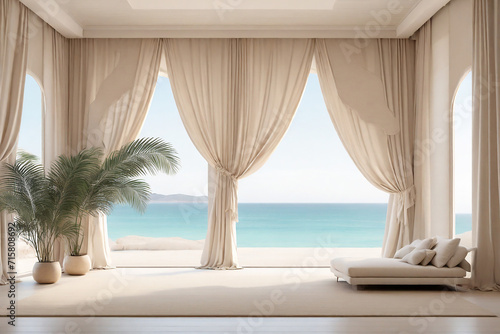 Luxury hotel room with sea view and white curtains. 3d rendering
