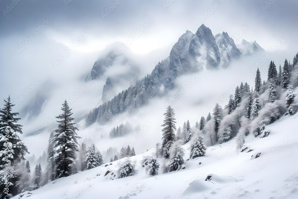 the heart of the mountainous region, a snowfall creates a breathtaking tableau of winter magic
