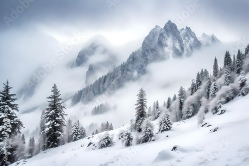 the heart of the mountainous region  a snowfall creates a breathtaking tableau of winter magic