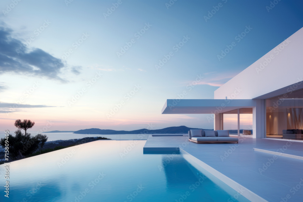 Contemporary villa with a sleek infinity pool overlooking a serene seascape at dusk.
