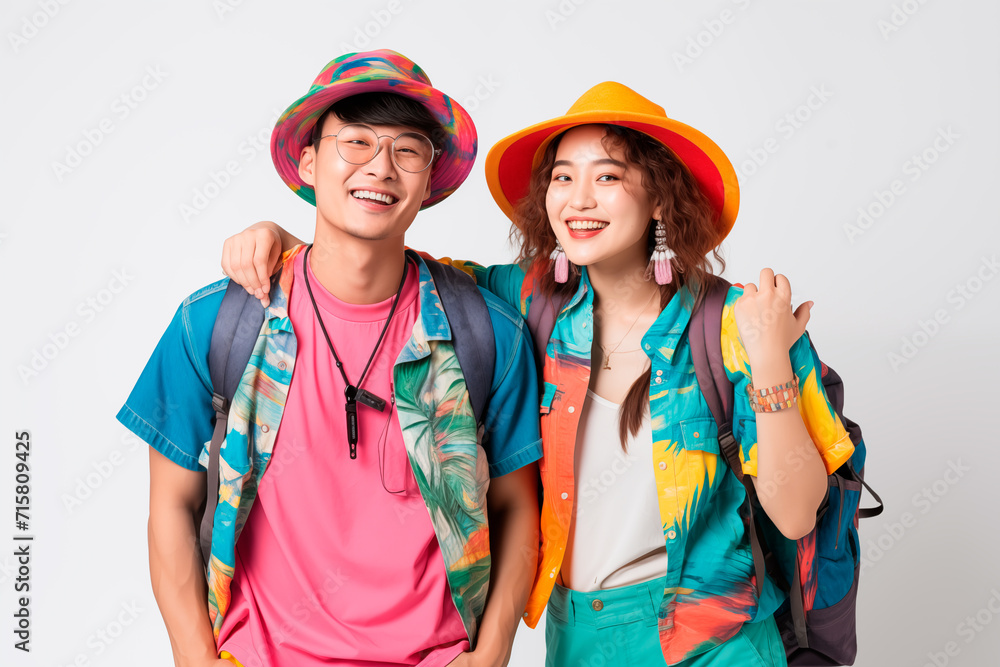 Couple of japanese backpackers with colorful tropical clothes Couple of japanese backpackers with colorful tropical clothes