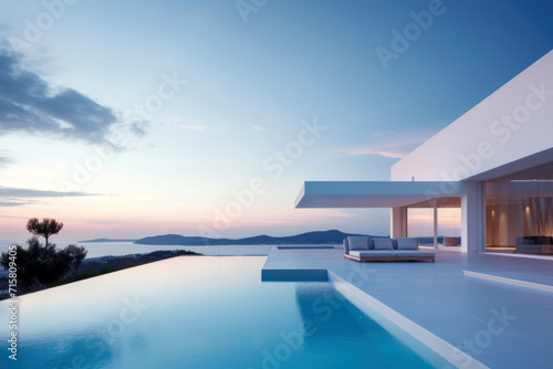 Contemporary villa with a sleek infinity pool overlooking a serene seascape at dusk.