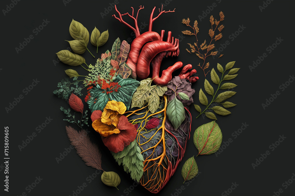 Naklejka premium anatomical human heart made of flowers and leaves .