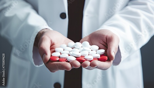 a doctor offering and handing over medicinal tablets and pills to someone in need.