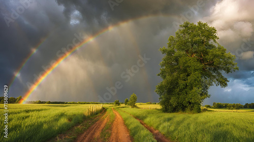 Vibrant Rainbow Arching Over Dark Stormy Sky in Rural Summer Landscape
