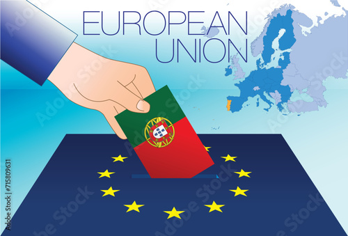 European Union, voting box, European parliament elections, Portugal flag and map, vector illustration