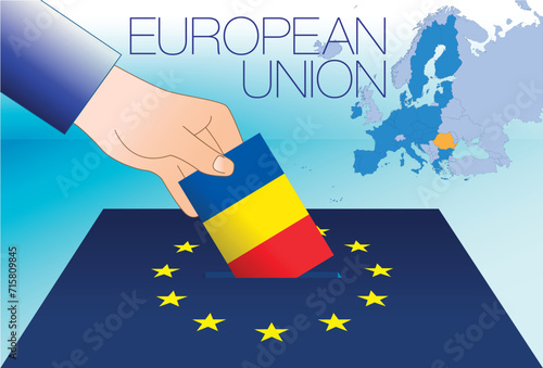 European Union, voting box, European parliament elections, Romania flag and map, vector illustration