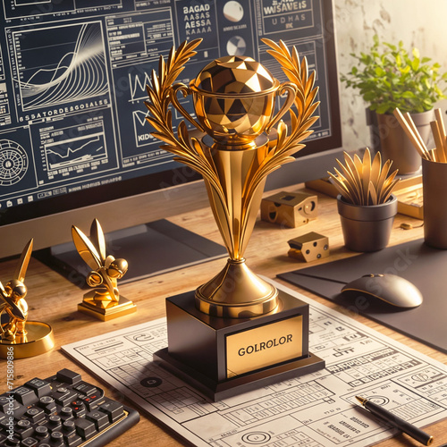 a golden trophy sitting on top of a table, a stock photo . Menges, shutterstock contest winner, computer art, award-winning, award winning, contest winner photo