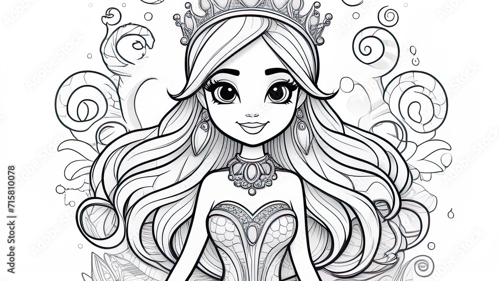 Beautiful mermaid coloring page under the sea. Little mermaid cartoon. Coloring book for kids page activity Beautiful mermaid coloring page under the sea. Little mermaid cartoon. Coloring book for kids page activity