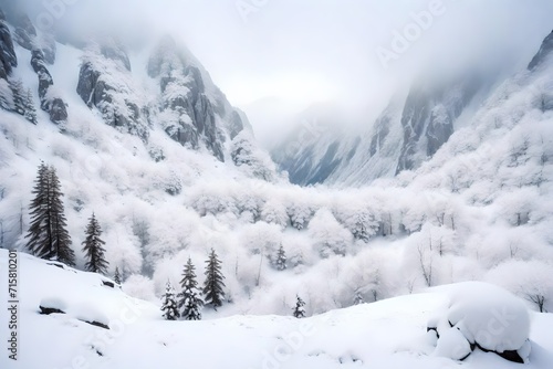the heart of the mountainous region, a snowfall creates a breathtaking tableau of winter magic