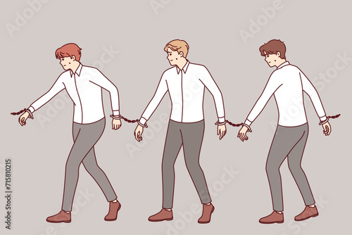 White-collar men with handcuffs on hands, arrested for breaking law and trading insider information. Office workers or officials arrested due to corruption scandal involving bribery of auditors