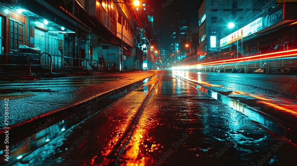 Asian night city, light trails on the street in an Asian country. Created with Generative Ai technology.